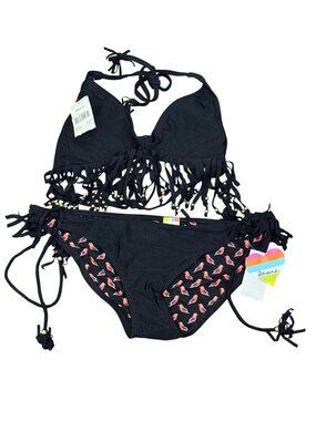 Raisins Black Fringe Bikini Set With Parrot Print Size Small New With Tags